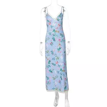 Open Back Tether V Neck Elegant Silm Sling Dress Blue L