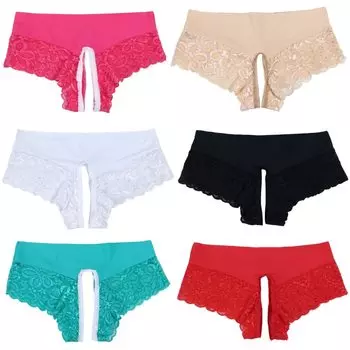 Open Crotch Shorts Perforated Panties Lace Full Back [FULL CHECK] (Red)