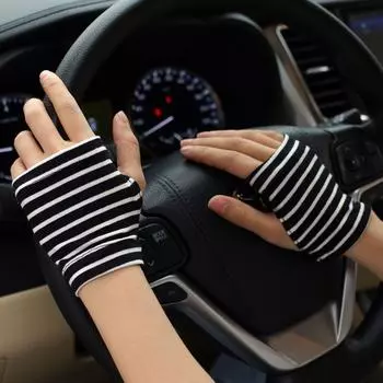 Open Finger Gloves Women Summer Thin Sun Protection Half Finger Pure Cotton Ice Silk Driving Riding Men s Tattoo Covering Scar Short Cycling Stripes Black One size