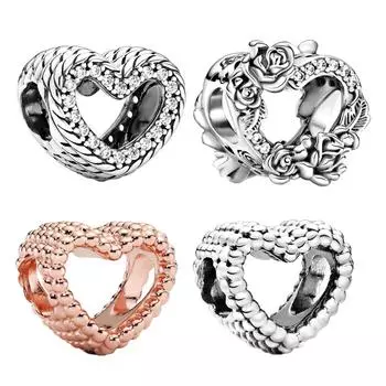 Open Heart & Rose Flowers Charm,Beaded Open Heart Charm SS925 Silver Romatic For Bracelet DIY Making Gift for Lover
