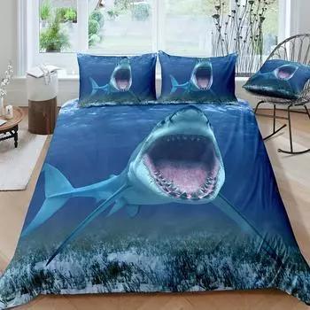 Пододеяльник с принтом «Открытая пасть акулы» Мягкий удобный пододеяльник, комплект постельного белья для спальни 1*пододеяльник+2*наволочки 90X200cm 2PCS