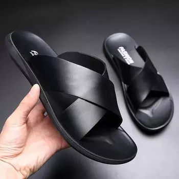 Open-Toe Men Slippers Summer Beach Shoes Genuine Leather Slippers Indoor Anti-slip Slippers Retro Man s Slides Men Cross Slipper 39 коричневый