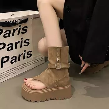 Open-toed cool boots, belt buckle, platform muffin, small Martin boots, locomotive boots, babes, stacked short boots, women s shoes 35