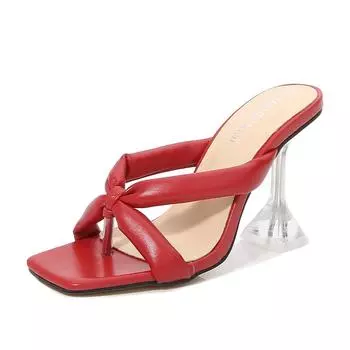 Шлепанцы с открытым носком, сандалии и тапочки, высокие каблуки, новые туфли с узором «елочка» и квадратным носком, каблук-бокал, туфли на шпильке, высокие каблуки 35 красный