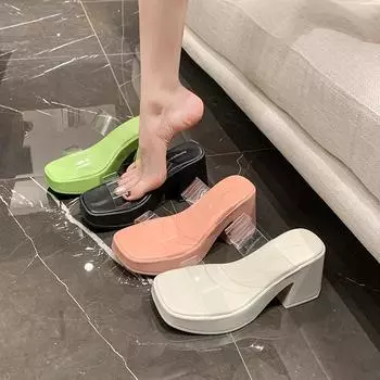 Open-toed platform slippers women wear fashion muffin one-word drag 2024 new summer transparent belt high-heeled fairy shoes 35 чёрный