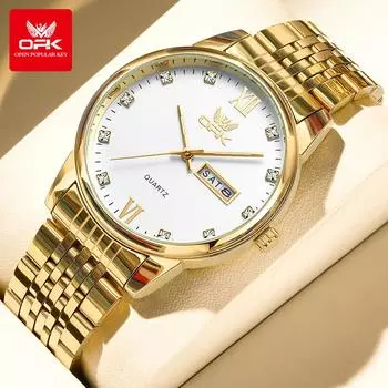 OPK 6033 Мужские часы Diamond Scale Gold Нержавеющая сталь Ремешок Дата Кварцевые часы для мужчин золотой