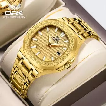 OPK 8145 Золотые часы Мужские наручные часы из нержавеющей стали с гравировкой даты и безелем Мужские золотой