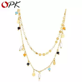 OPK Fashion Двухслойное жемчужное ожерелье из нержавеющей стали женское золотой