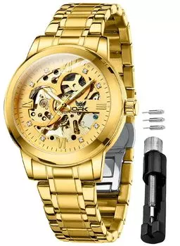 OPK Men s Automatic Manual Winding Mechanical Watch Stainless Steel Openwork Fashion Waterproof Luminous Watch for men Gold