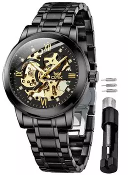 OPK Мужские автоматические часы, с ручным заводом, механические часы, нержавеющая сталь, ажурные, модные, водонепроницаемые, светящиеся часы для мужчин, черные