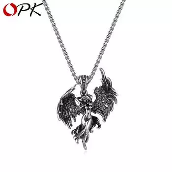 OPK Подвеска с ангелом-хранителем из нержавеющей стали, винтажное ожерелье с крыльями 3*55CM чёрный
