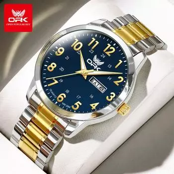 OPK Роскошные брендовые кварцевые часы для мужчин Высококачественные водонепроницаемые мужские часы с двойным календарем и дисплеем золотой