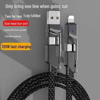 Оплетенный кабель для передачи данных из цинкового сплава 4-в-1 мощностью 165 Вт с функцией быстрой зарядки и двумя портами USB-C PD. 4 in 1, 1m темно-серого