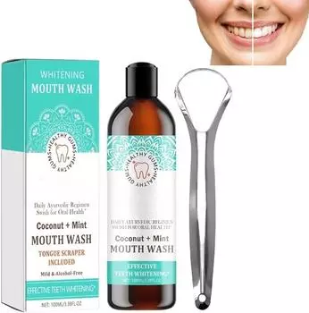 Ополаскиватель для полости рта с кокосом и мятой, ополаскиватель для полости рта, ополаскиватель для полости рта с кокосом, отбеливающий ополаскиватель для полости рта, набор для ополаскивания полости рта с скребком для чистки языка 1set