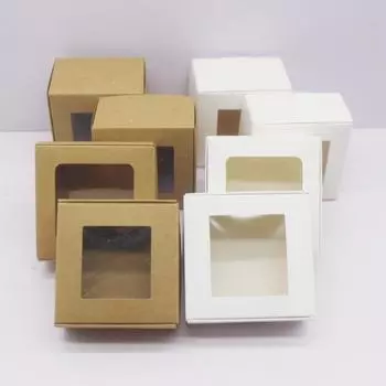 Оптовая продажа 10 шт. белая и кожаная коробка с окном 7X7x3/4/5 см бумажная упаковочная коробка, кожаная бумажная подарочная коробка для конфет на свадьбу kraft 10box