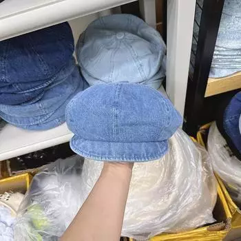 Оптовая продажа из Кореи 2024 года, новая весна и осень, корейская версия литературного джинсового берета с большой окружностью головы, показывающей лицо, маленькая японская шляпа в виде облака head circumference 54-59CM светло-синий
