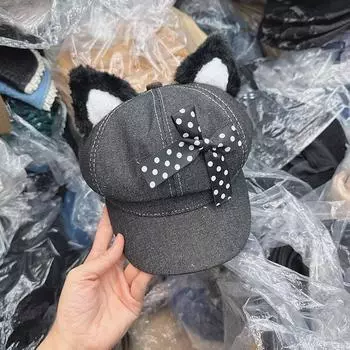 Оптовая продажа из Кореи 2024 года, новая вельветовая джинсовая восьмиугольная шапка с ушками, детская кепка с бантом и большой окружностью головы Head circumference 54-59CM чёрный