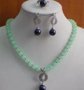 Оптовая продажа комплекта ювелирных изделий с цирконием для женщин на свадьбу 7-8 мм, белый культивированный жемчуг и синий драгоценный камень, ожерелье, серьги, кольца, НАБОР