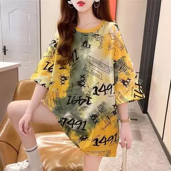 Летние женские длинные футболки с буквенным принтом, длинные футболки с рисунком, топы y2k, модная футболка большого размера, уличная одежда унисекс в стиле Харадзюку в стиле хип-хоп one size