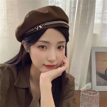 Оптовая продажа Милая крутая цепочка металлический берет женская летняя тонкая дышащая шляпа с плоским верхом в стиле ретро художника Suitable for 55-58cm head circumference чёрный