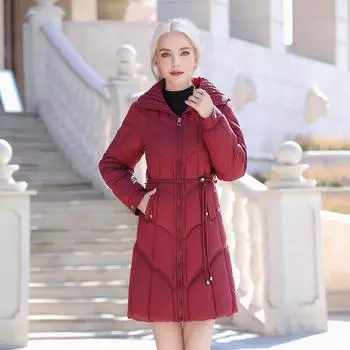Оптовая продажа модной одежды из хлопка, женские средние и длинные зимние пальто из тонкого хлопка с высокой талией L [Recommended below 50kg] красный