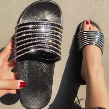 Оптовая продажа, новый спот, трансграничная независимая станция, большие размеры, ремесленные тапочки, глянцевые сандалии с бриллиантами, повседневные женские сандалии с одним словом 36 чёрный