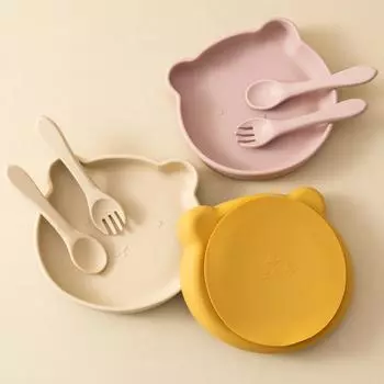 Оптовая продажа силиконовый детский набор для кормления BPA Free присоски тарелка кормушка присоска ложка вилка детская посуда детские вещи