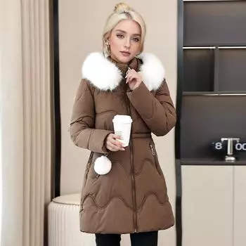 Оптовая продажа средних и длинных притален с меховым воротником на хлопковой подкладке для женщин модные и тонкие иностранные куртки на хлопковой подкладке L [Recommended below 52.5 kg] чёрный