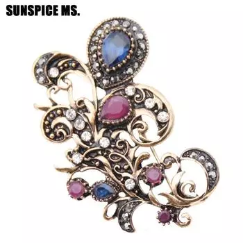 Оптовая продажа, турецкие броши с перьями, женские ювелирные изделия, ретро, золотой цвет, цветочные броши из смолы, брошь, женские булавки для хиджаба с лацканами, скидка синий