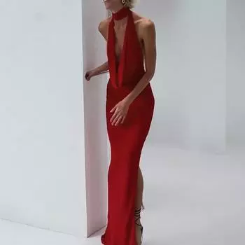 Оптовая продажа женской одежды 2025 весна новый темперамент элегантный вырез V-образный вырез халтер разрез сбоку платье платье S чёрный