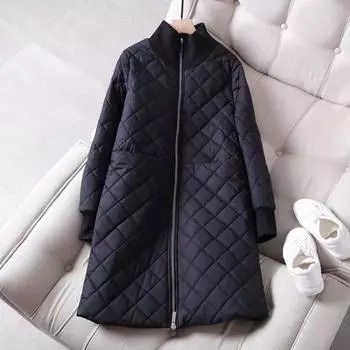 Оптовая продажа зимняя легкая пуховая хлопковая утепленная одежда утолщенная теплая средняя и длинная свободная ромбовидная клетчатая хлопковая утепленная куртка M [100-57.5 kg] чёрный