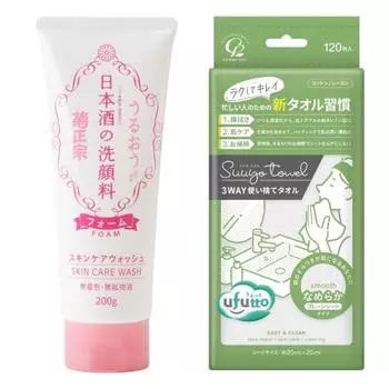 [Оптовая закупка] Средство для умывания лица Kiku Masamune Sake 200 г + хлопковое полотенце Lab Suyo, гладкое, 120 листов, полотенце для лица