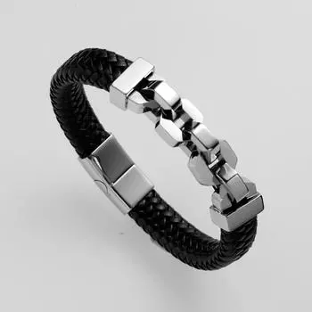 Оптовые плетеные браслеты, модные мужские кожаные браслеты с пряжкой из титановой стали