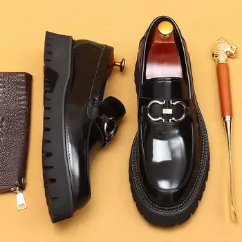 [Оптовые товары] Кожаные туфли-лоферы из коровьей кожи первого слоя, мужские повседневные туфли из светлой кожи в деловом стиле с двухслойной толстой подошвой в британском стиле 37 коричневый