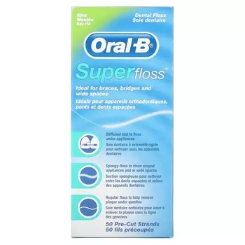 Oral-B, Super Floss, мятный, 50 предварительно нарезанных зубных нитей