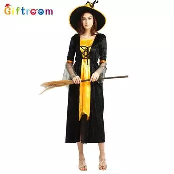 Orange And Unique Black Witch Cosplay Outfit Perfect For Halloween And Cosplay Events