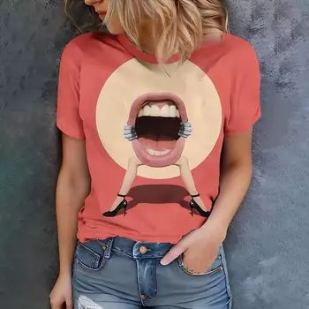 Orange Fun Cartoon Mouth Design Women s Casual T-shirt Street Style Summer Round Neck Short Sleeve S