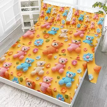 Orange Knitted Teddy Bear Four-Piece Set, Warm Color Style, Including 1 Bed Sheet, 1 Duvet Cover, 2 Pillowcases (Home, Soft) 99cmx199cm белый