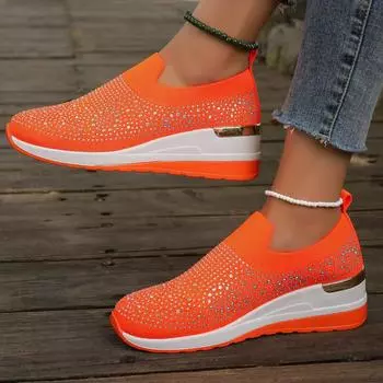 Orange Rhinestone Casual Sneakers Breathable Wedge Women Lightweight Shoes Slip On 2024 New Comfortable Spring Mesh Sports Shoes 37 чёрный