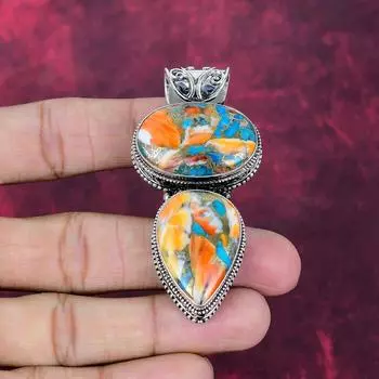 Orange Spiny Oyster Handmade Gemstone Pendant, 925 Solid Sterling Silver Pendant, For Thanksgiving 2.75 Inches