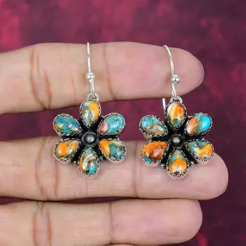 Orangs Spiny Oyster Handmade Gemstone Earrings, 925 Solid Sterling Silver Earrings Antique Jewelry, For Engagement Gift 1.77 Inches