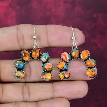 Orangs Spiny Oyster Handmade Gemstone Earrings, 925 Solid Sterling Silver Earrings Antique Jewelry, For Engagement Gift 1.89 Inches