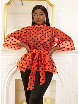 Оранжевые прозрачные топы из органзы в горошек, пуловеры с расклешенными рукавами, прозрачные блузки для женщин, блузки больших размеров 2XL оранжевый