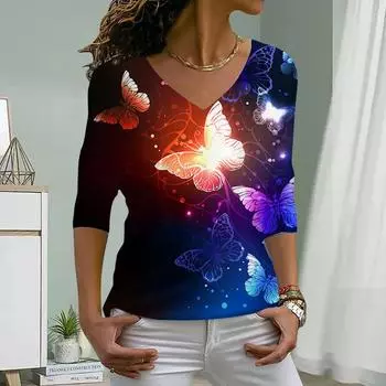 Оранжевый Hollow Butterfly Print Женские футболки Женские топы Длинные рукава V-образный вырез Пуловер Femme Футболки Футболка для женщин XS синий