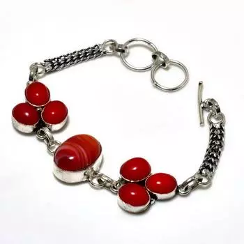 Оранжевый кружевной агат, красный коралл, драгоценный камень 925, посеребренный браслет 6–8 дюймов