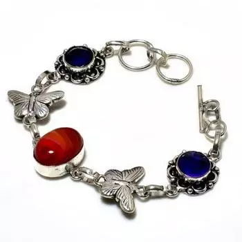 Оранжевый кружевной агат, синий топаз, драгоценный камень 925, посеребренный браслет 6–8 дюймов