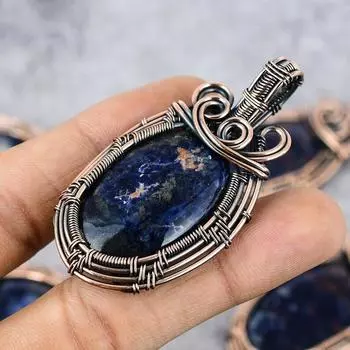 Оранжевый медный кулон содалит Медная проволока Кулон с драгоценным камнем Медный дизайнерский кулон ювелирных изделий Подарок для нее Содалит Подарок для любви