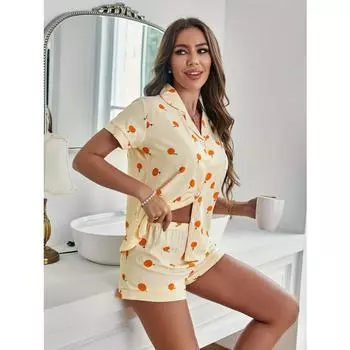 Оранжевый принт, текстурированный пижамный комплект, симпатичный топ с коротким рукавом, пуговицами, лацканами и эластичными шортами, женская одежда для сна S