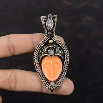 Оранжевый резной кулон из кости для лица, кулон из медной проволоки, кулон с радужным лунным камнем, драгоценный камень, медь, ювелирные изделия, подарок для мамы, кулон ручной работы