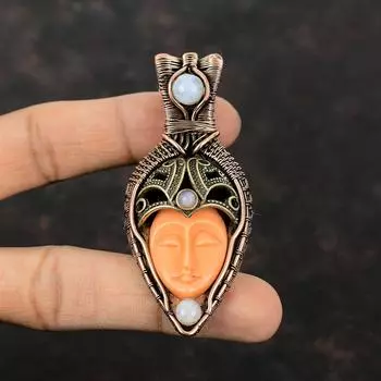 Оранжевый резной кулон с лицом из кости, медная проволока, кулон с драгоценным камнем, кулон с лунным камнем, медные украшения для подарка, ювелирные изделия ручной работы, завернутые в проволоку